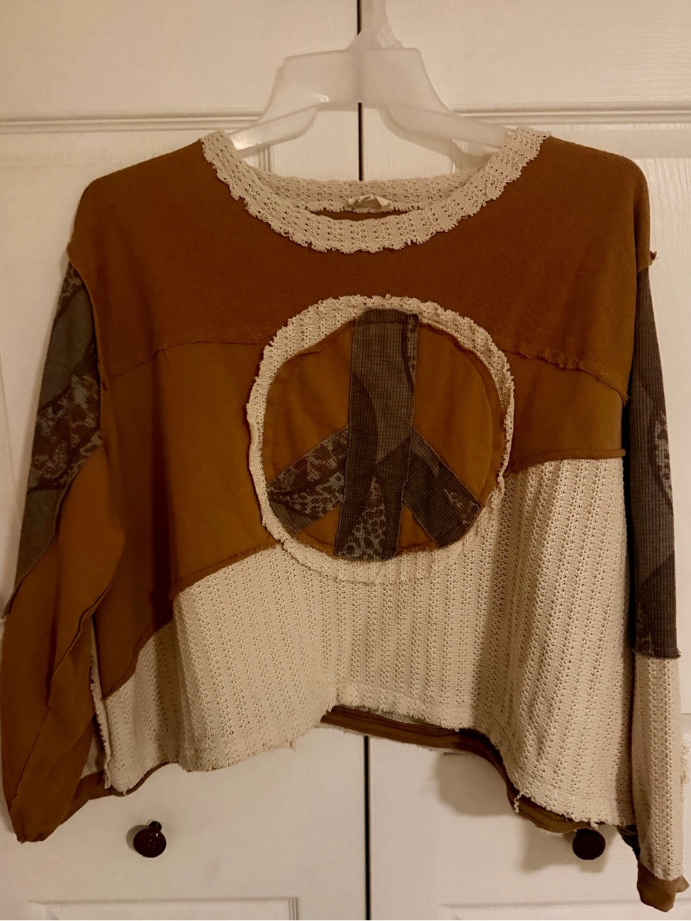 POL Boho Peace Sign Patchwork Pullover in Camel and Cream